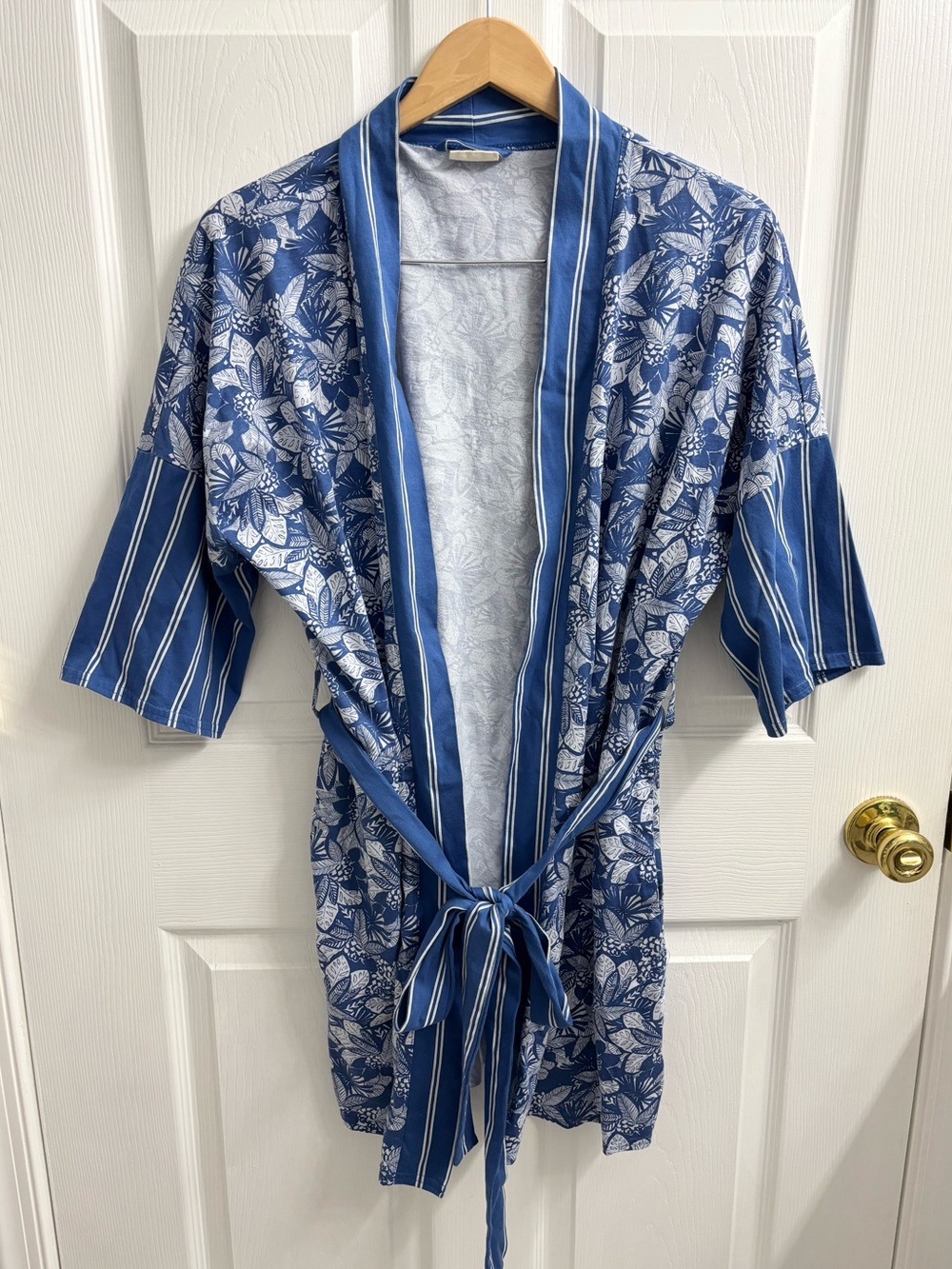 Pact Organic Cotton Robe XS/S Blue Floral Stripe Waist Tie Belt